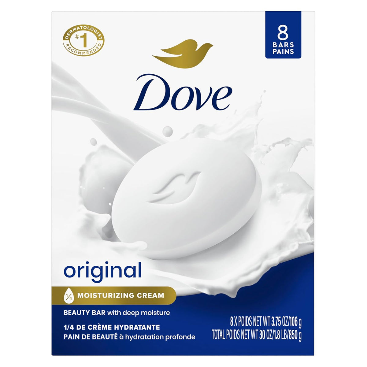 Dove Beauty Bar Soap Original 8 Count for Soft, Smooth Skin, with 1/4 Moisturizing Cream 3.75 oz