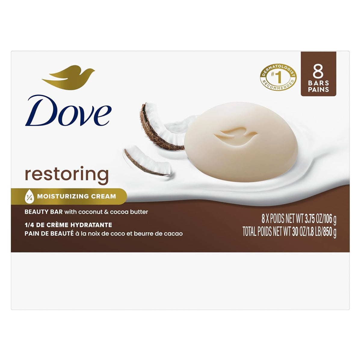 Dove Beauty Bar Soap Restoring Coconut & Cocoa Butter, 8 Bars for Restored Skin, Nourishes Skin 3.75 oz