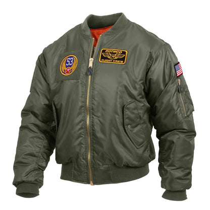 Green flight jacket with patches on a white background