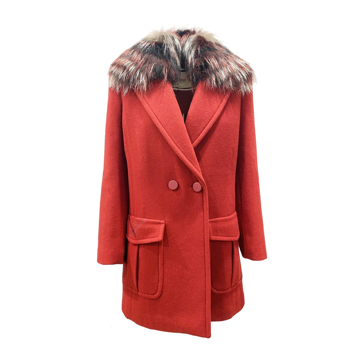 Red coat with fur hood on a white background