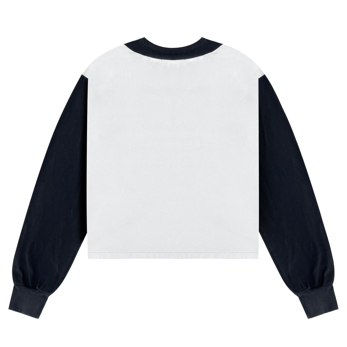 A long-sleeve crop top shown from the back, featuring a solid white back panel and contrasting dark navy sleeves, collar, and cuffs.