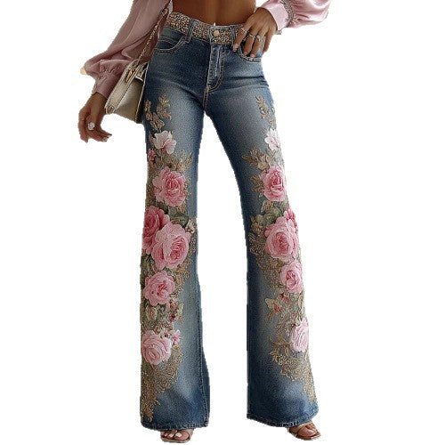 Womens Retro Printed Faux Denim Jeans