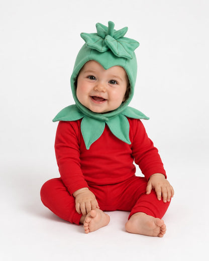 A baby wearing a red long-sleeve one-piece costume with a green strawberry-themed hood, sitting against a plain white studio background.