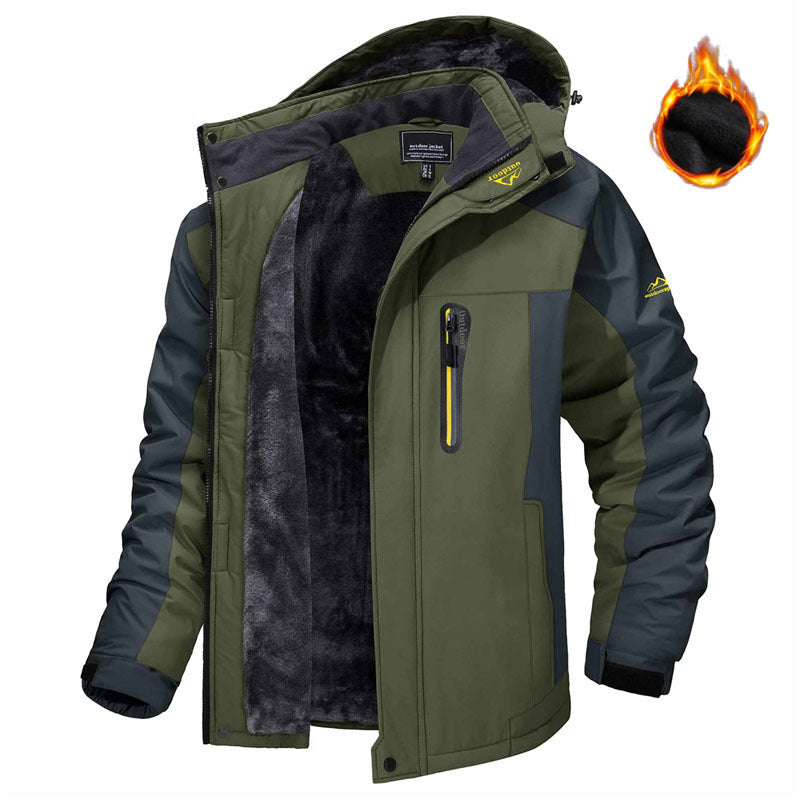 A men's winter jacket with an olive green and dark gray shell, featuring a plush black fleece lining visible at the open front and collar. A small graphic of a hand inside a flame indicates warmth.