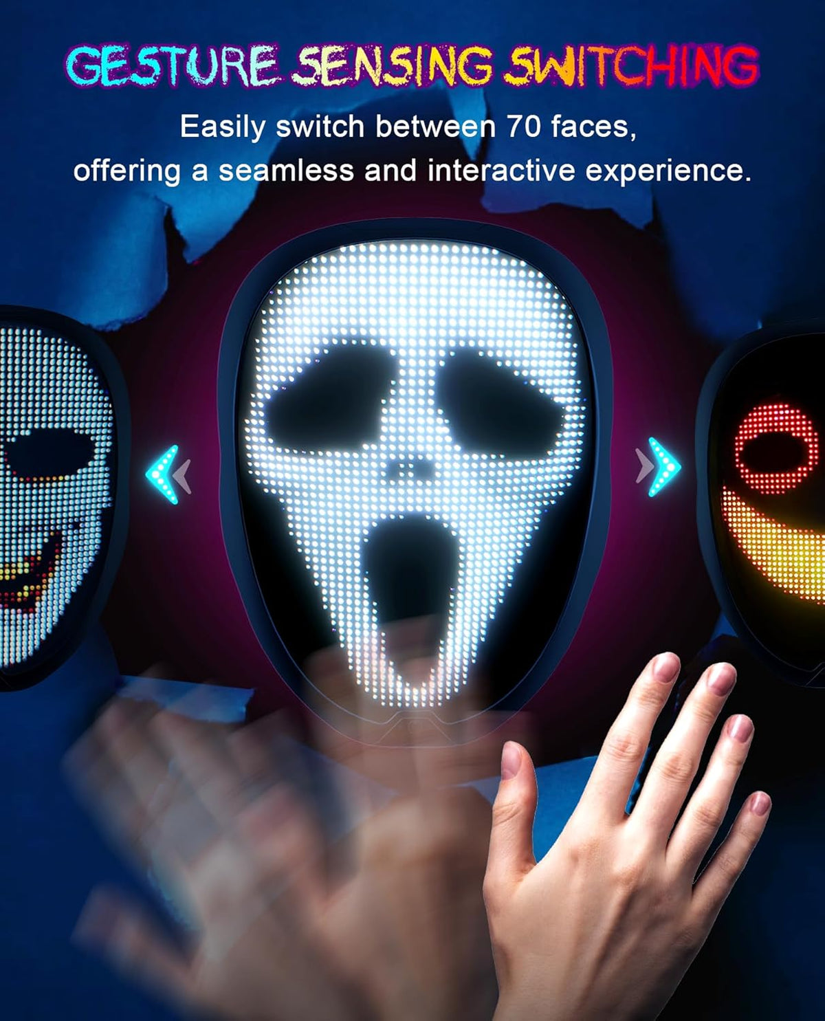 LED face mask with gesture sensing switching technology, showing different facial expressions.