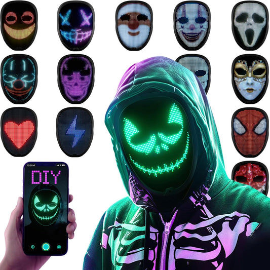 Person wearing a green LED mask with skeleton design, surrounded by various LED masks and a phone displaying a mask design.