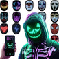 Person wearing a green LED mask with skeleton design, surrounded by various LED masks and a phone displaying a mask design.