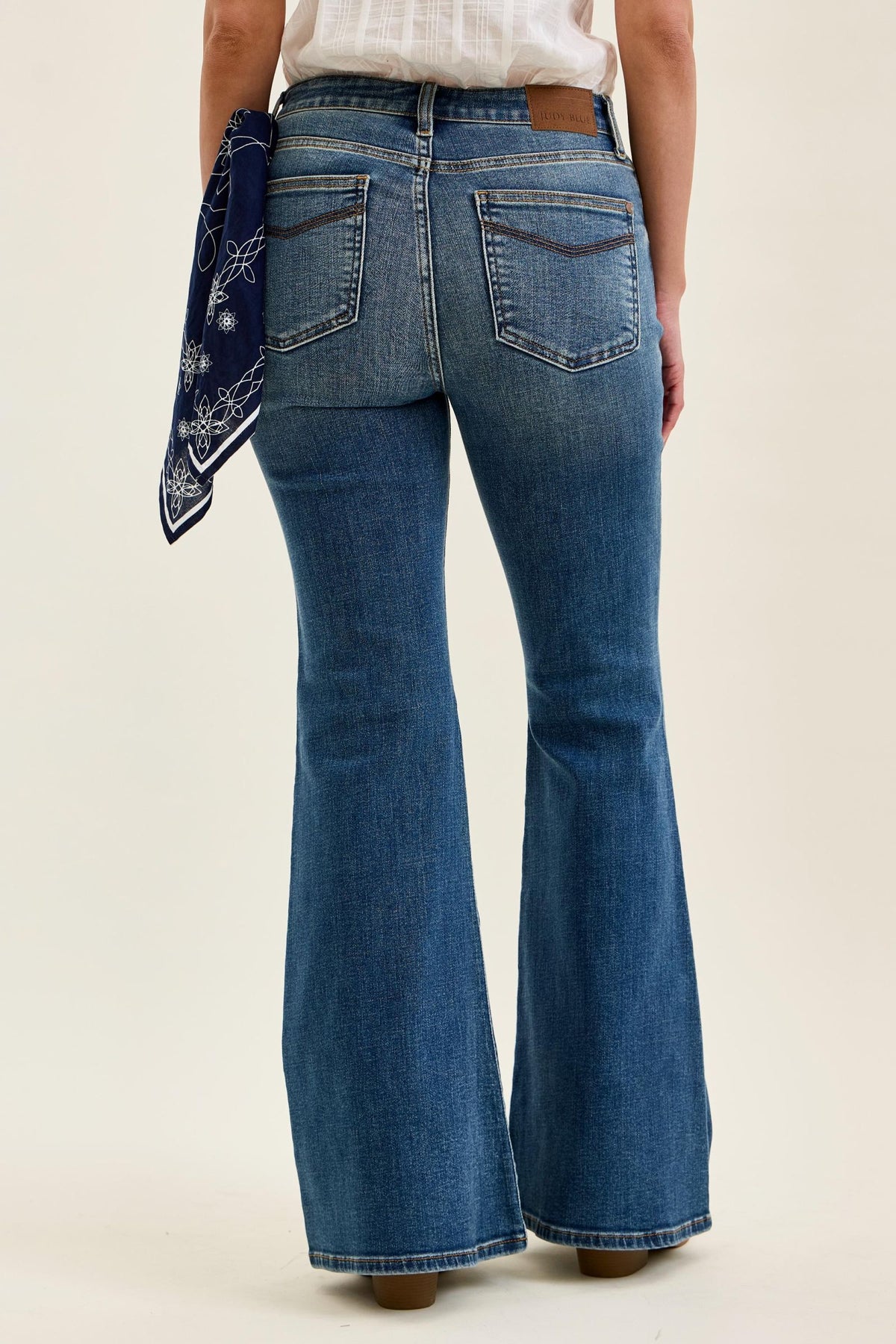 Judy Blue Mid Rise Flare Jeans for Women – Stretch Denim, Triple Needle Back Pockets, Bandana Loop Detail, 33" Inseam