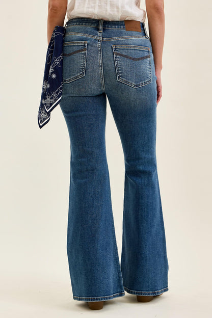 Judy Blue Mid Rise Flare Jeans for Women – Stretch Denim, Triple Needle Back Pockets, Bandana Loop Detail, 33" Inseam