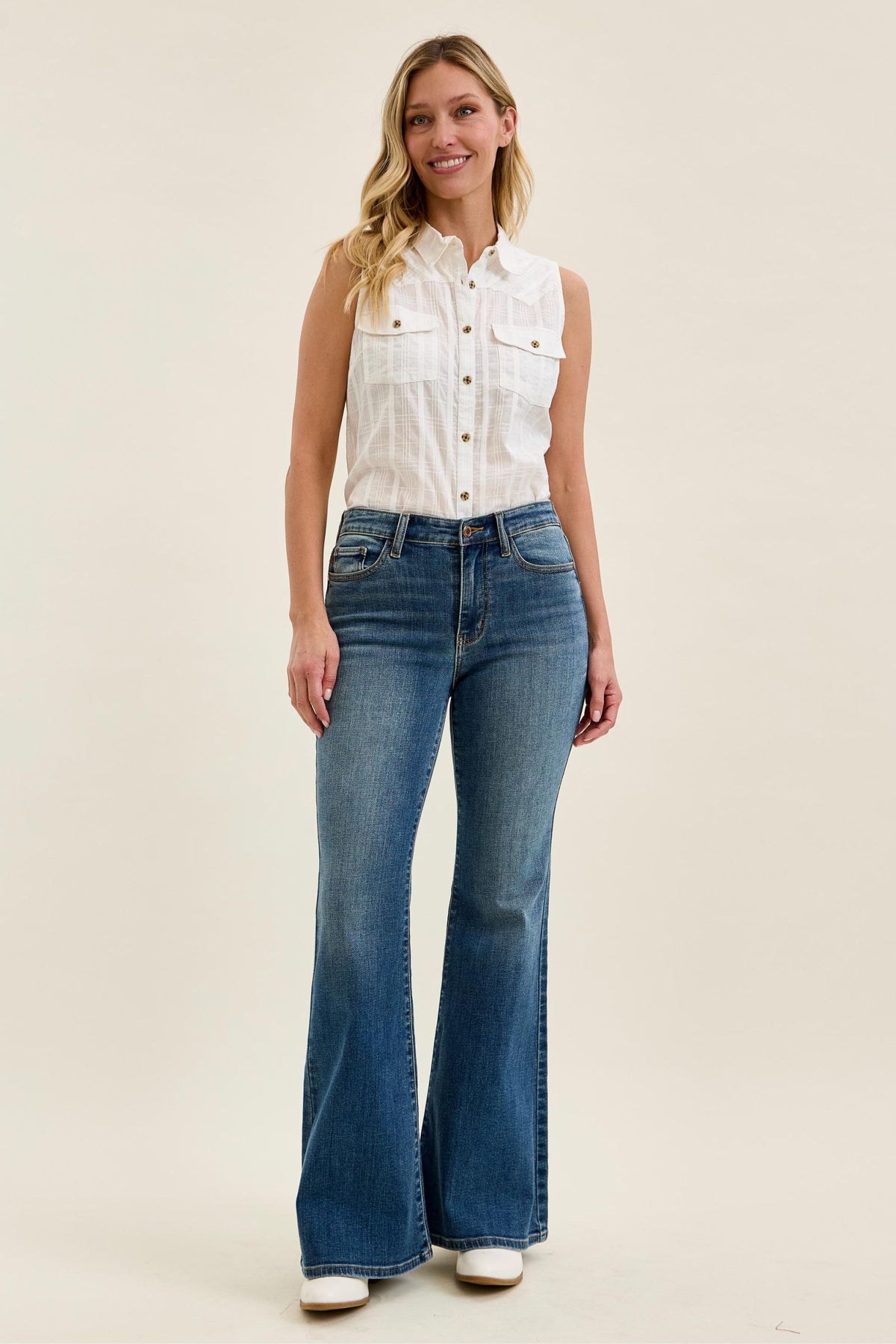 Judy Blue Mid Rise Flare Jeans for Women – Stretch Denim, Triple Needle Back Pockets, Bandana Loop Detail, 33" Inseam