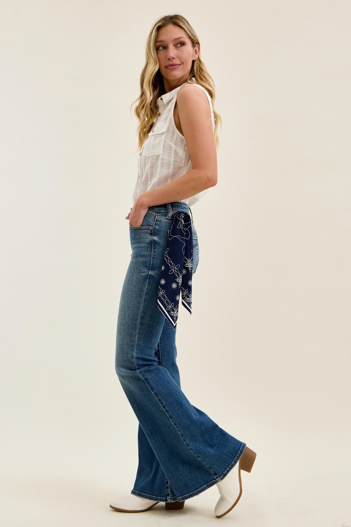 Judy Blue Mid Rise Flare Jeans for Women – Stretch Denim, Triple Needle Back Pockets, Bandana Loop Detail, 33" Inseam