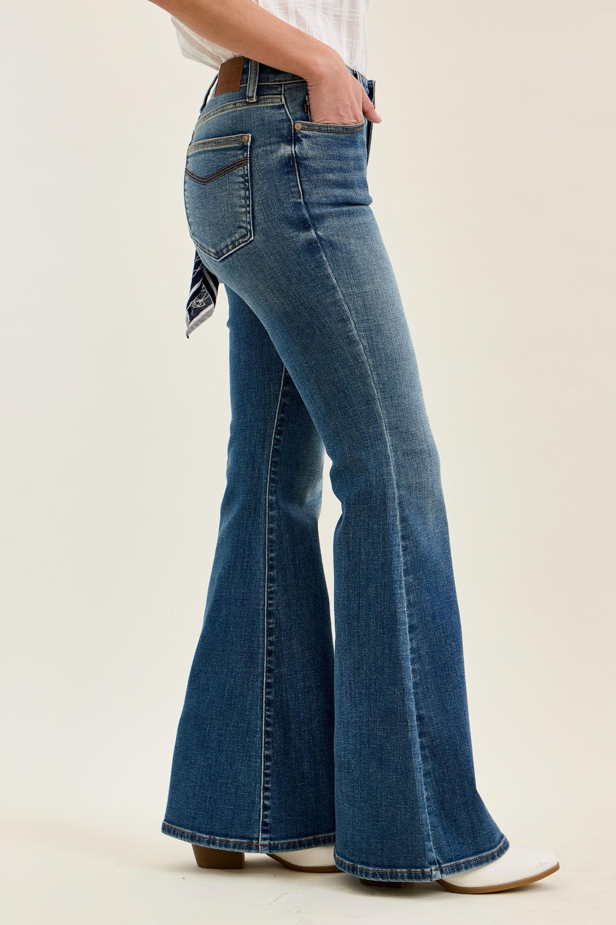 Judy Blue Mid Rise Flare Jeans for Women – Stretch Denim, Triple Needle Back Pockets, Bandana Loop Detail, 33" Inseam