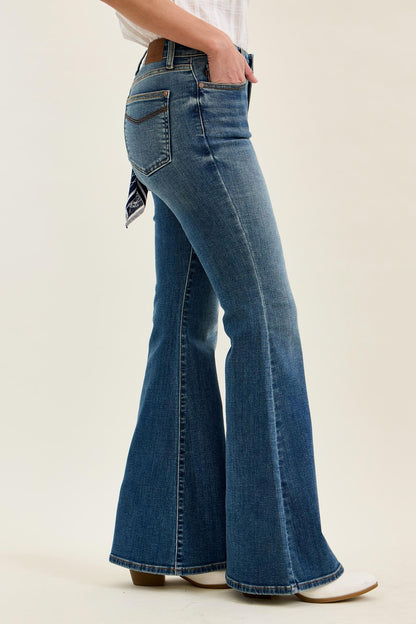 Judy Blue Mid Rise Flare Jeans for Women – Stretch Denim, Triple Needle Back Pockets, Bandana Loop Detail, 33" Inseam