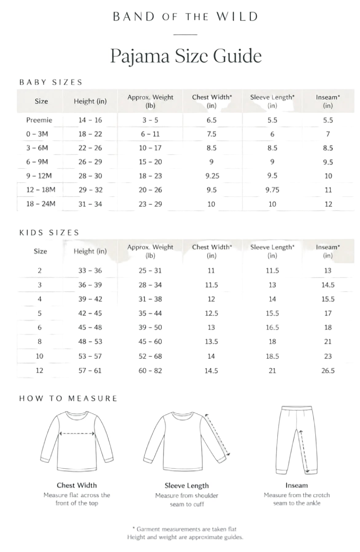 Pajama size guide chart from Band of the Wild, showing baby and kids sizes with height, weight, chest width, sleeve length, and inseam measurements, plus a how-to-measure section with simple garment diagrams.
