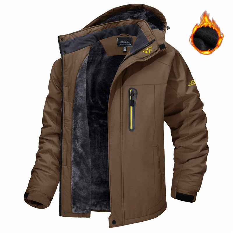 Brown winter jacket with flame icon on a white background