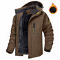 Brown winter jacket with flame icon on a white background