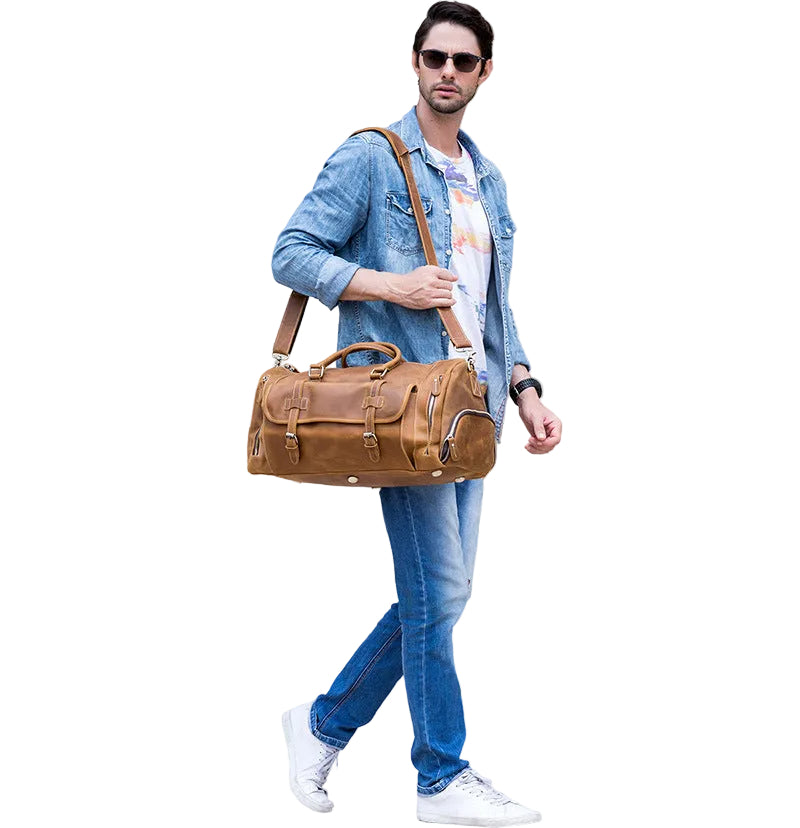 Full Grain Crazy Horse Leather Duffle Bag,  Vintage Handmade Weekender Travel Luggage