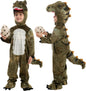 Two children in dinosaur costumes holding egg-shaped objects on a white background