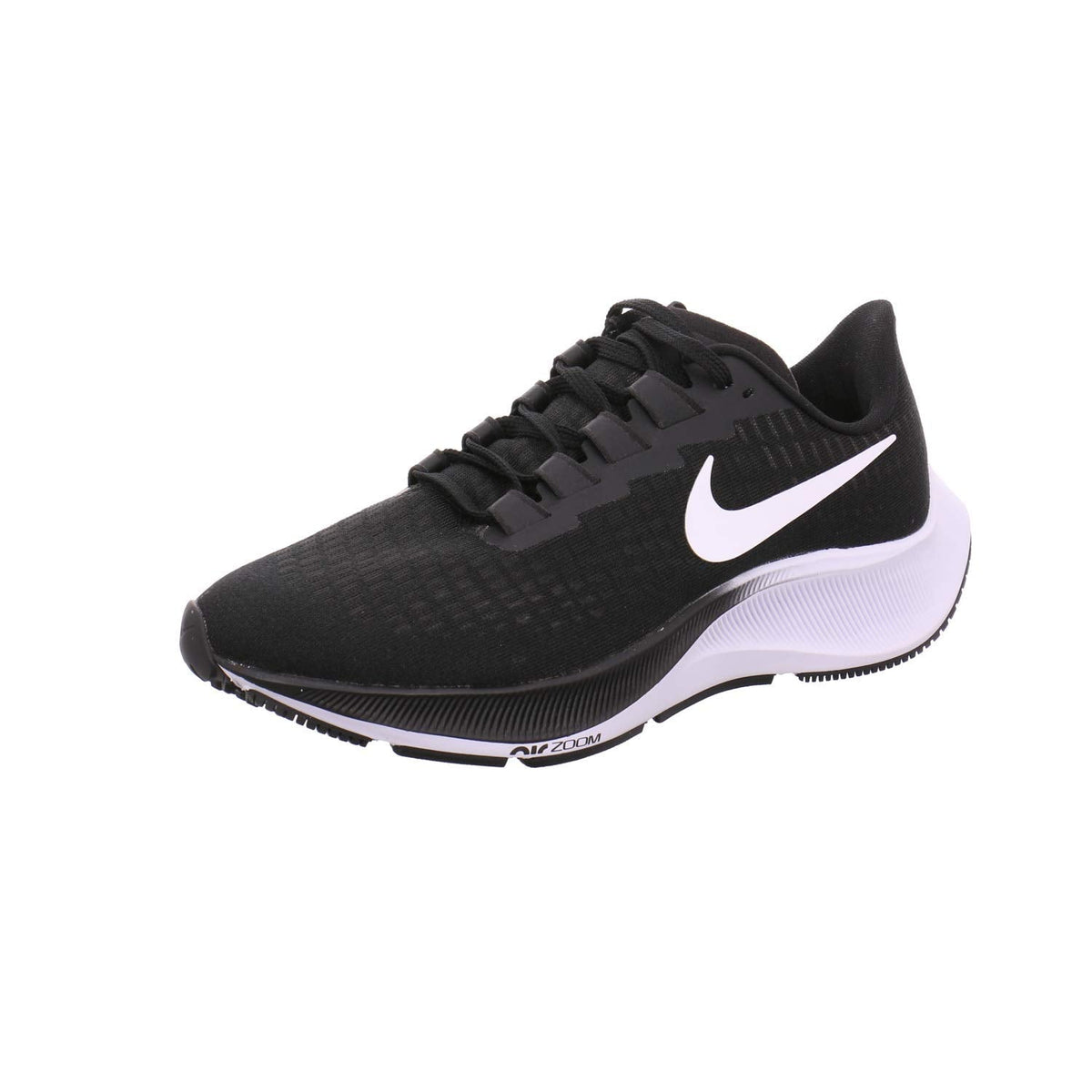 A black Nike running shoe with a white swoosh and white midsole, shown from a side profile on a plain white background.