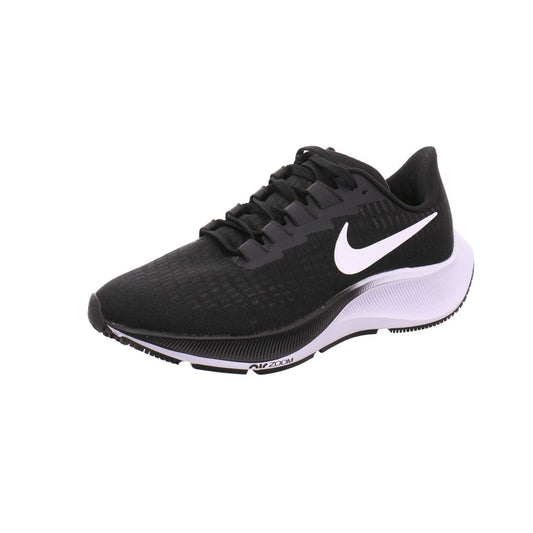 A black Nike running shoe with a white swoosh and white midsole, shown from a side profile on a plain white background.