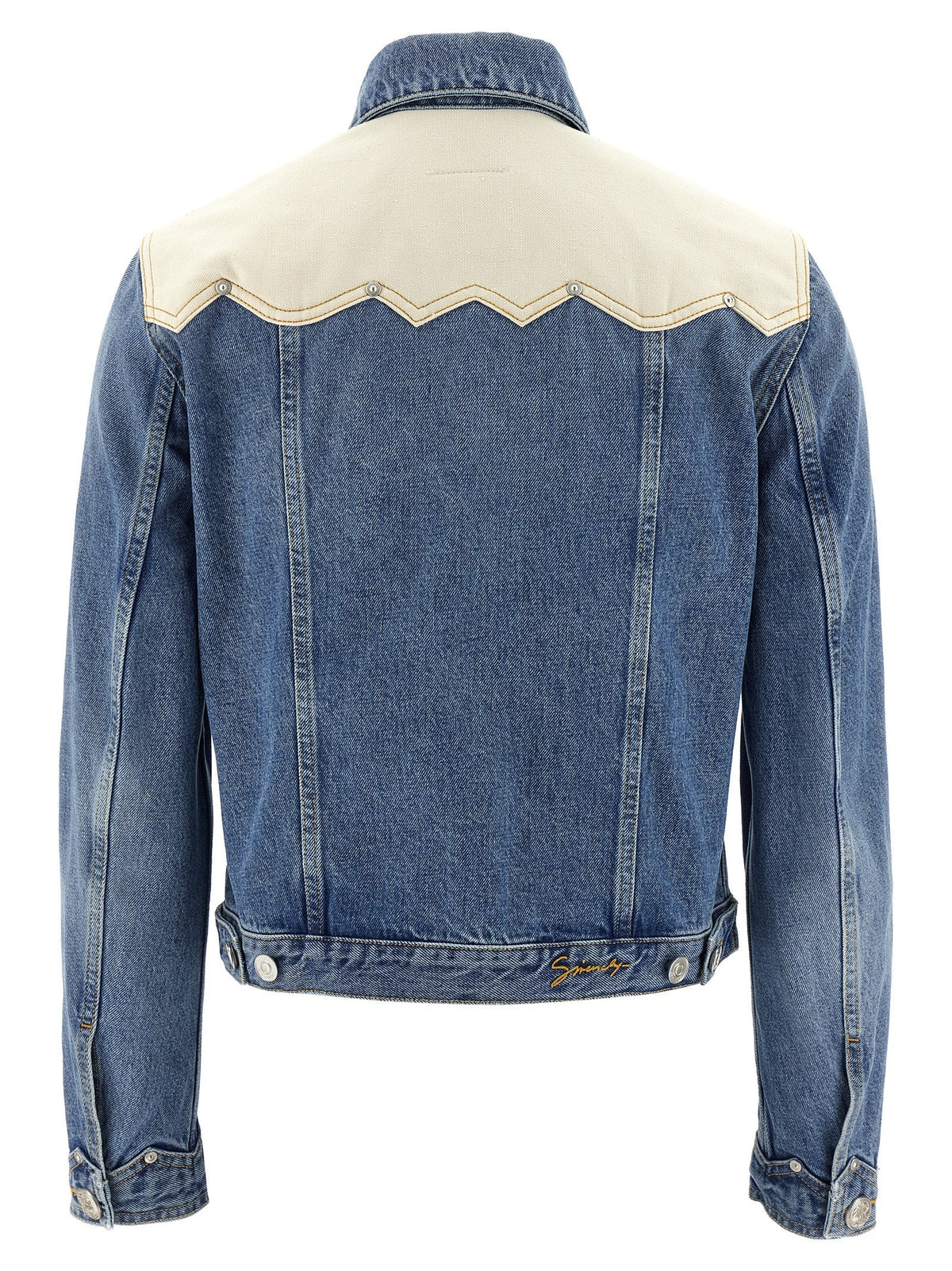 Blue denim jacket with white collar on a white background