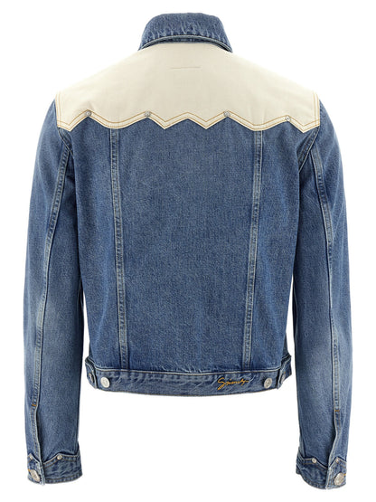 Blue denim jacket with white collar on a white background