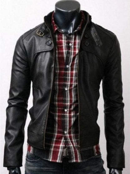 Button Pocket Slim Fit Black Rider Leather Jacket