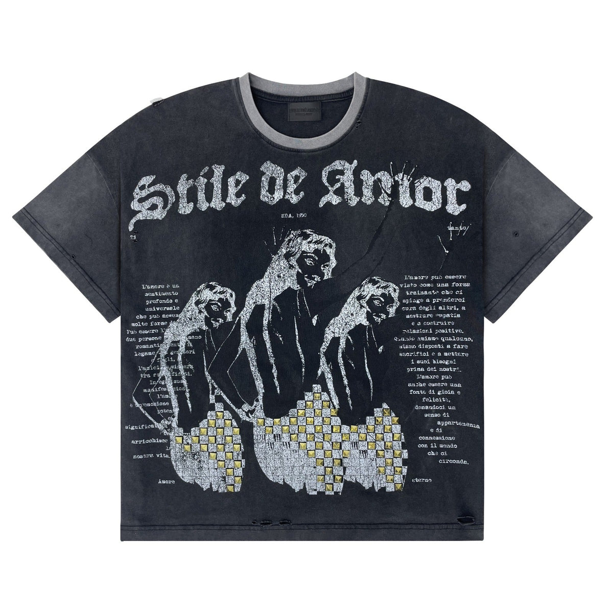 A black acid-wash graphic t-shirt featuring three skeletal figures with checkered patterns on their lower bodies, under the distressed white text 'Stile de Amor'.
