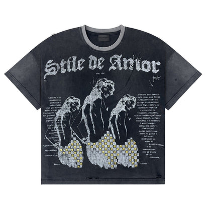 A black acid-wash graphic t-shirt featuring three skeletal figures with checkered patterns on their lower bodies, under the distressed white text 'Stile de Amor'.