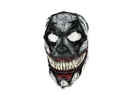 Grunge-style mask with a dark, eerie design on a white background