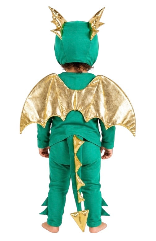 Child wearing a green and gold dragon costume on a white background
