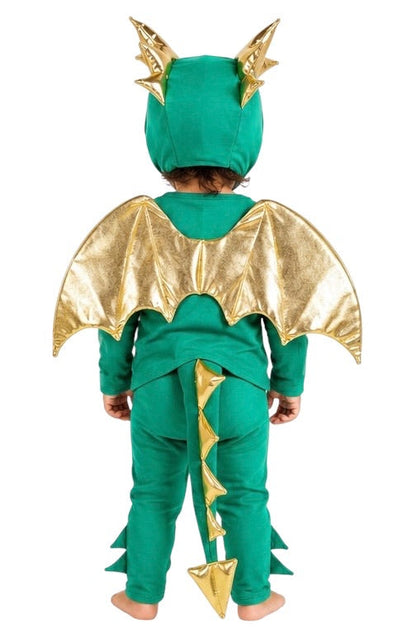 Child wearing a green and gold dragon costume on a white background