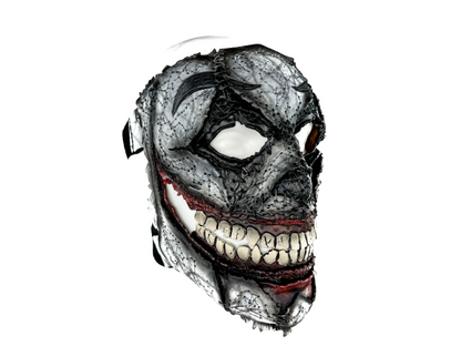 Detailed mask with a textured surface and red accents on a white background