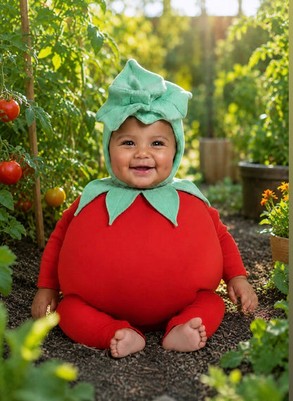 A baby wearing a red tomato costume with a mint green leaf collar and matching green bow headpiece, sitting in a sunny garden.