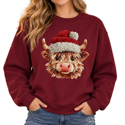 Highland Cow Santa Hat Christmas Sweatshirt, Imitation Latch Hook Yarn Cozy Sweater