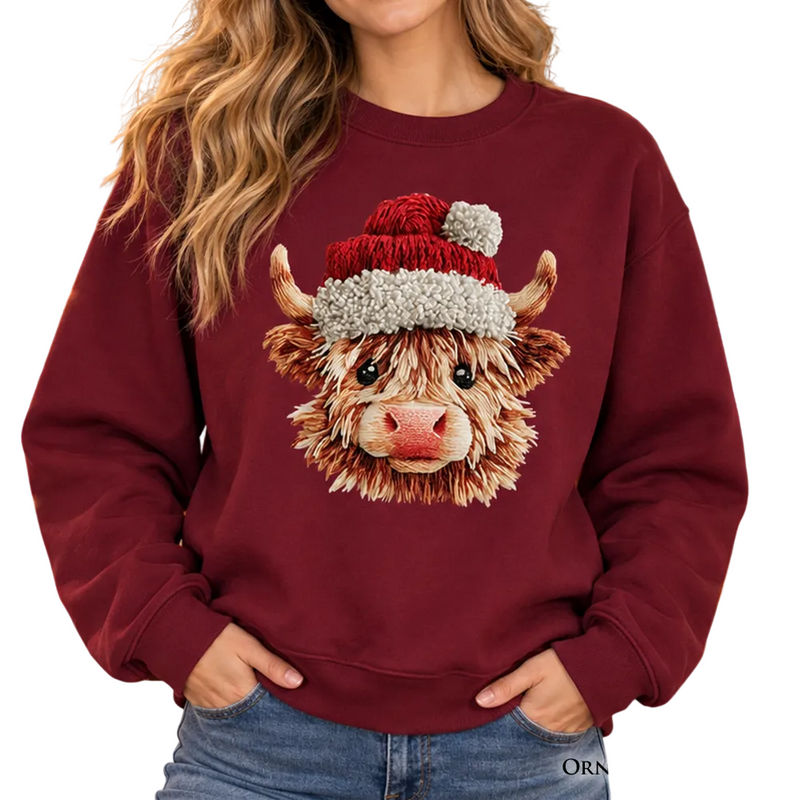 Highland Cow Santa Hat Christmas Sweatshirt, Imitation Latch Hook Yarn Cozy Sweater