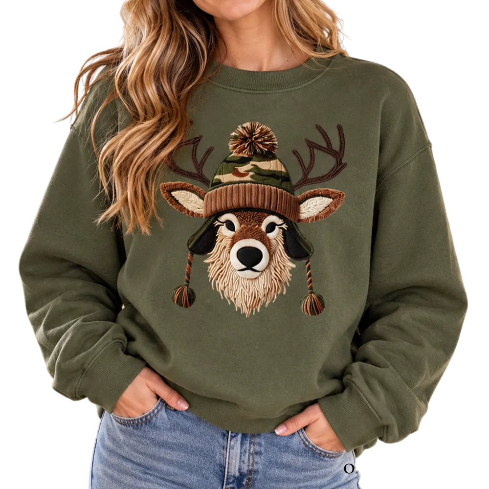Deer Head Camo Hat Christmas Sweatshirt, Imitation Latch Hook Yarn Cozy Hunting Season Sweater