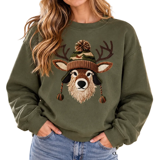 Deer Head Camo Hat Christmas Sweatshirt, Imitation Latch Hook Yarn Cozy Hunting Season Sweater