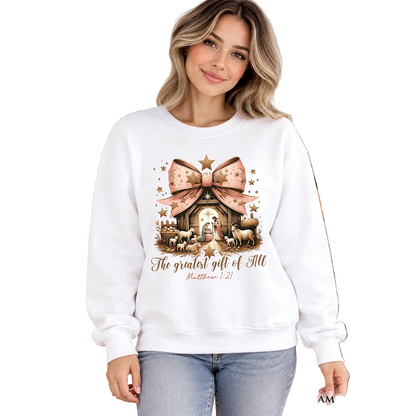 Holy Night Nativity Scene Jesus Sweatshirt, The Greatest Gift of All Matthew 1:21 Christian Christmas Sweater