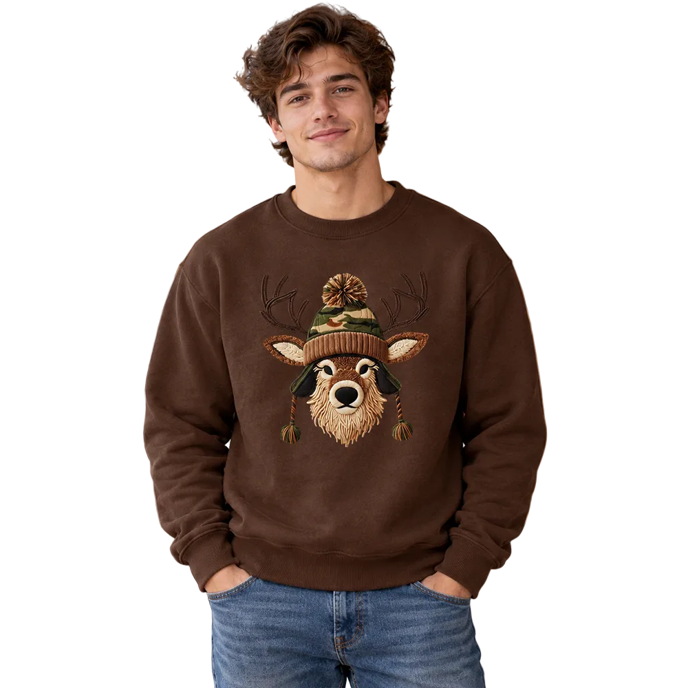 Deer Head Camo Hat Christmas Sweatshirt, Imitation Latch Hook Yarn Cozy Hunting Season Sweater