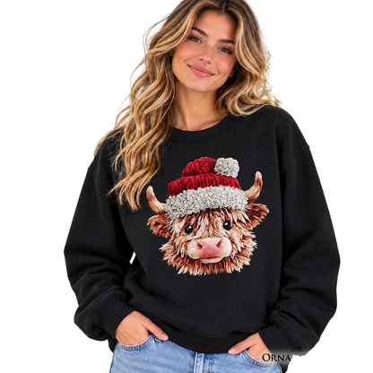 Highland Cow Santa Hat Christmas Sweatshirt, Imitation Latch Hook Yarn Cozy Sweater