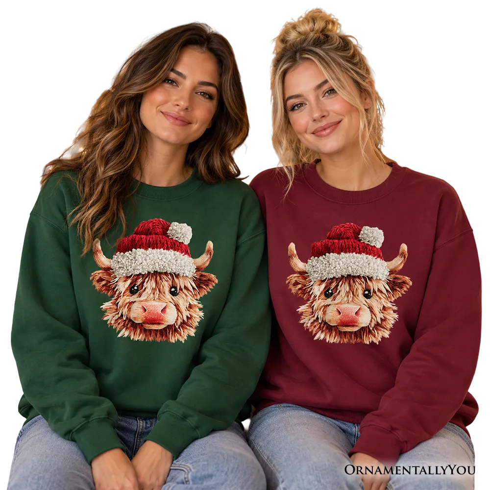 Highland Cow Santa Hat Christmas Sweatshirt, Imitation Latch Hook Yarn Cozy Sweater