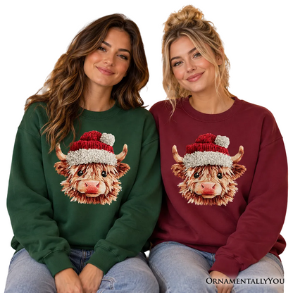 Highland Cow Santa Hat Christmas Sweatshirt, Imitation Latch Hook Yarn Cozy Sweater