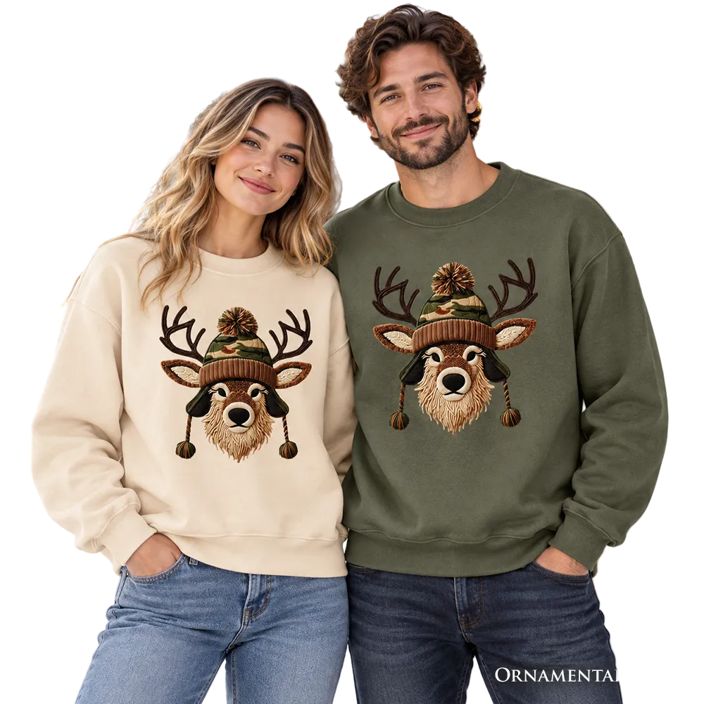 Deer Head Camo Hat Christmas Sweatshirt, Imitation Latch Hook Yarn Cozy Hunting Season Sweater
