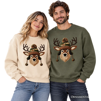 Deer Head Camo Hat Christmas Sweatshirt, Imitation Latch Hook Yarn Cozy Hunting Season Sweater