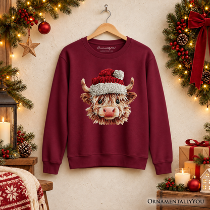 Highland Cow Santa Hat Christmas Sweatshirt, Imitation Latch Hook Yarn Cozy Sweater