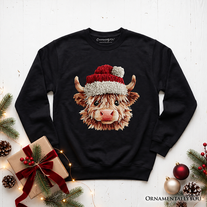 Highland Cow Santa Hat Christmas Sweatshirt, Imitation Latch Hook Yarn Cozy Sweater