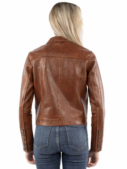 Brown leather jacket worn by a person on a white background