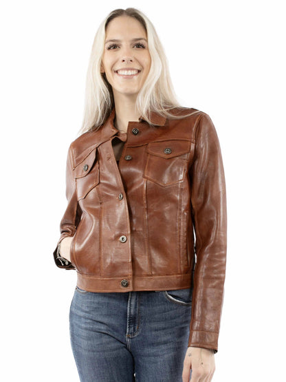 Woman wearing a brown leather jacket on a white background