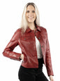 Woman wearing a red leather jacket on a white background
